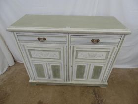 Painted mahogany sideboard having two short drawers over two panelled cupboard doors opening to