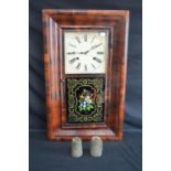 Mahogany cased American wall clock having painted dial and black Roman Numerals - 39cm x 65cm tall