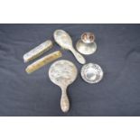 Group of silver items to comprise: four piece silver dressing table set, capstan ink well and