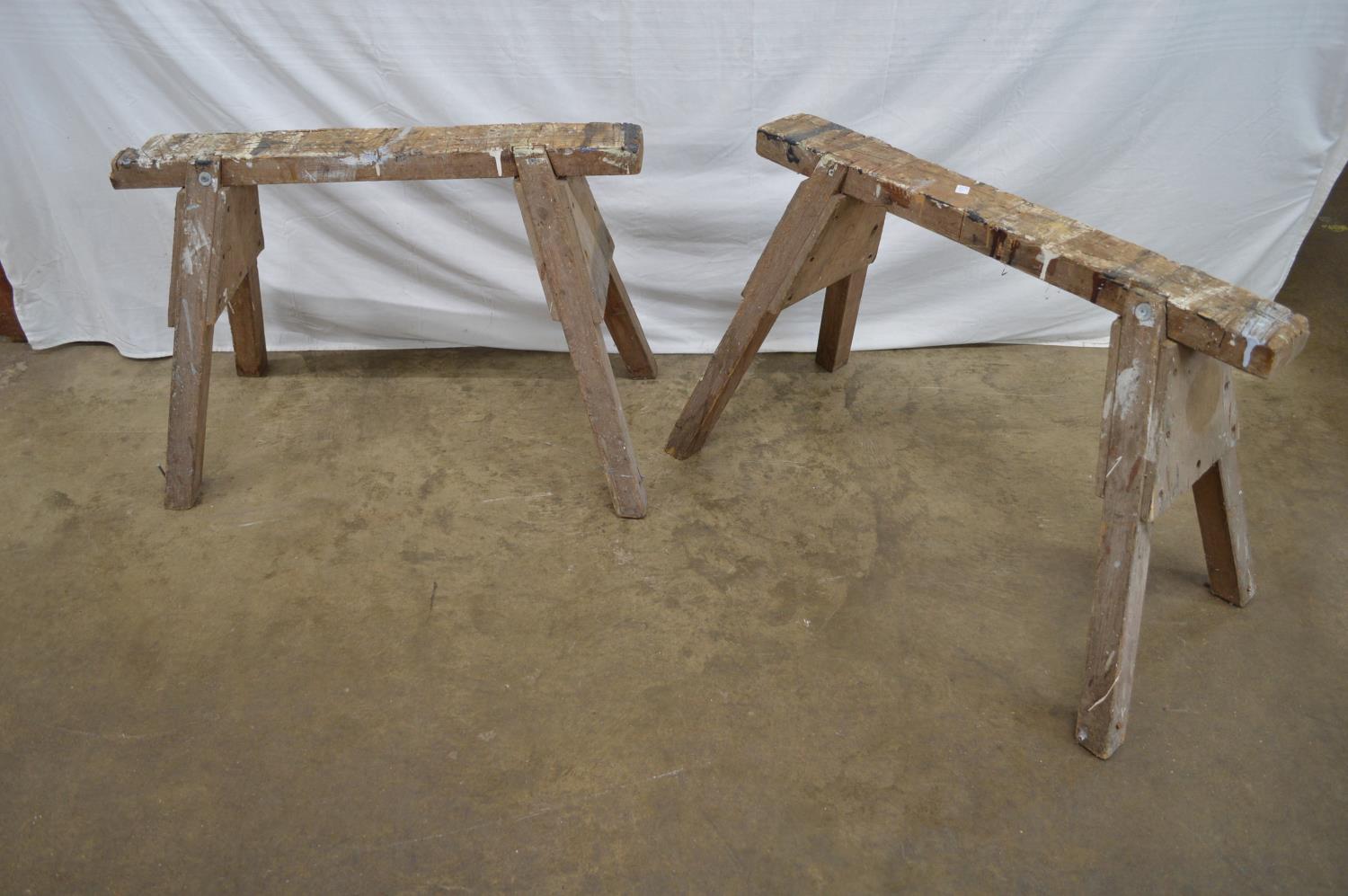 Two metal trestle stands - 70cm and 80cm wide x 77cm tall together with two small wooden saw - Image 3 of 3