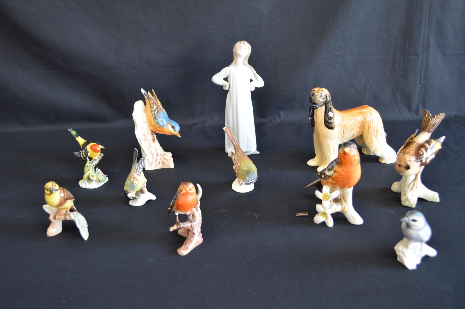 Group of eight Goebel bird figures together with Royal Adderley bird, Beswick dog and Lladro