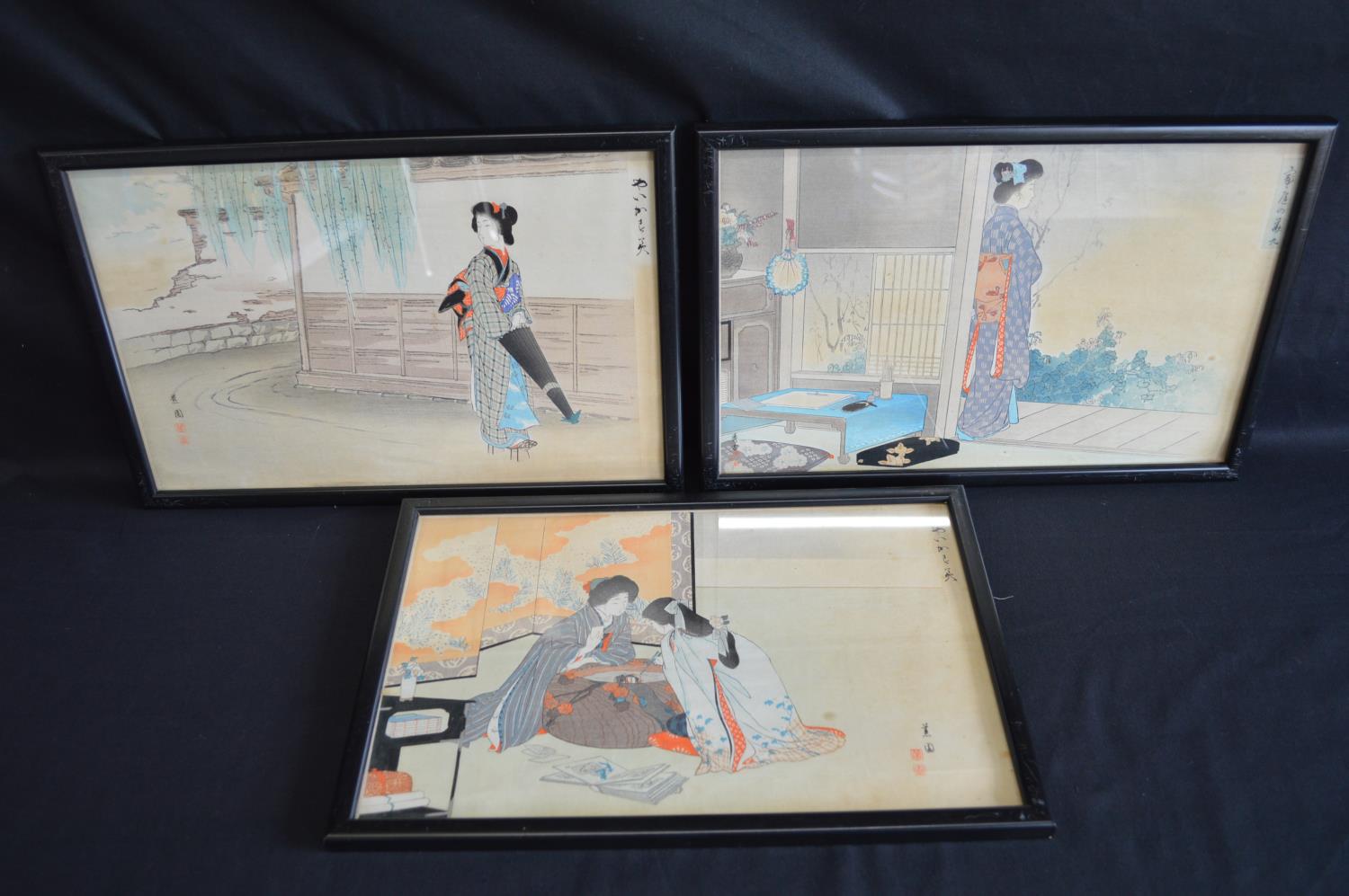 Group of three Japanese signed screen prints of figures in different settings - 32.5cm x 21cm in