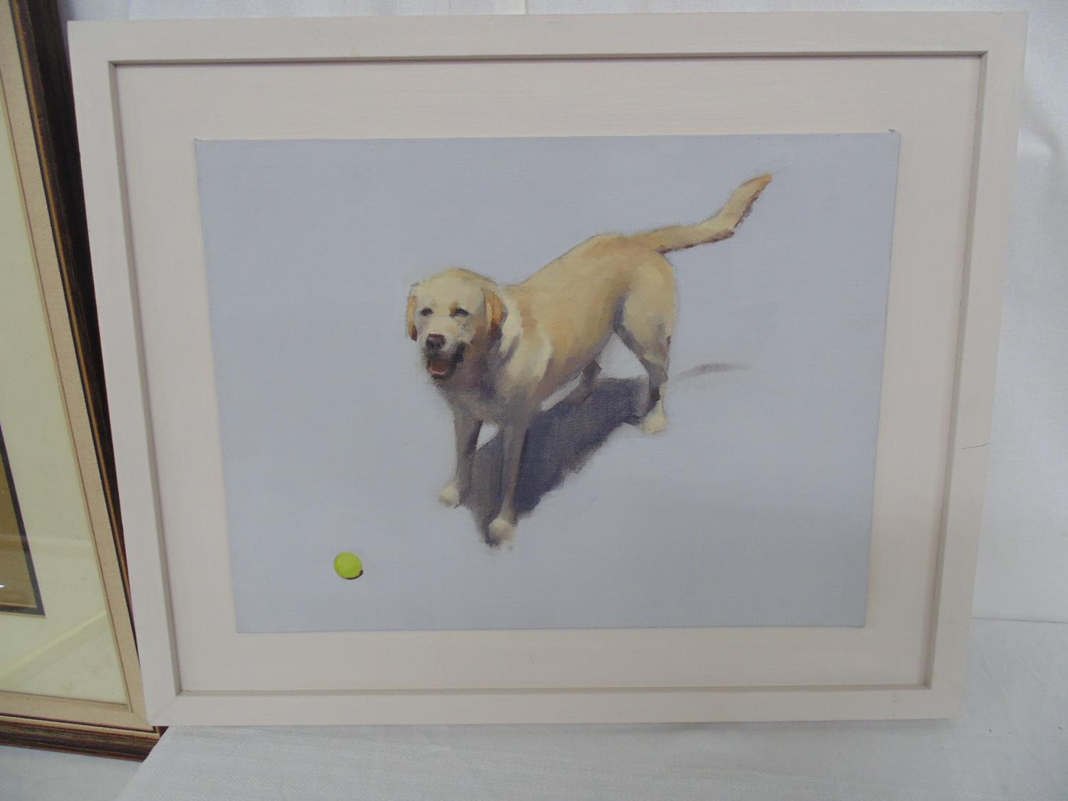 Unsigned painting on canvas board of a labrador and ball - 40cm x 30cm in white painted frame, - Image 2 of 6