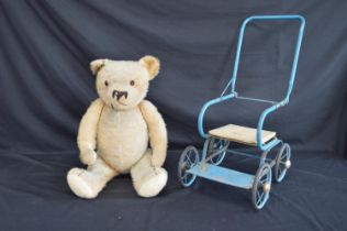 Vintage teddy bear with hump back and glass eyes - 64cm tall together with a painted wooden