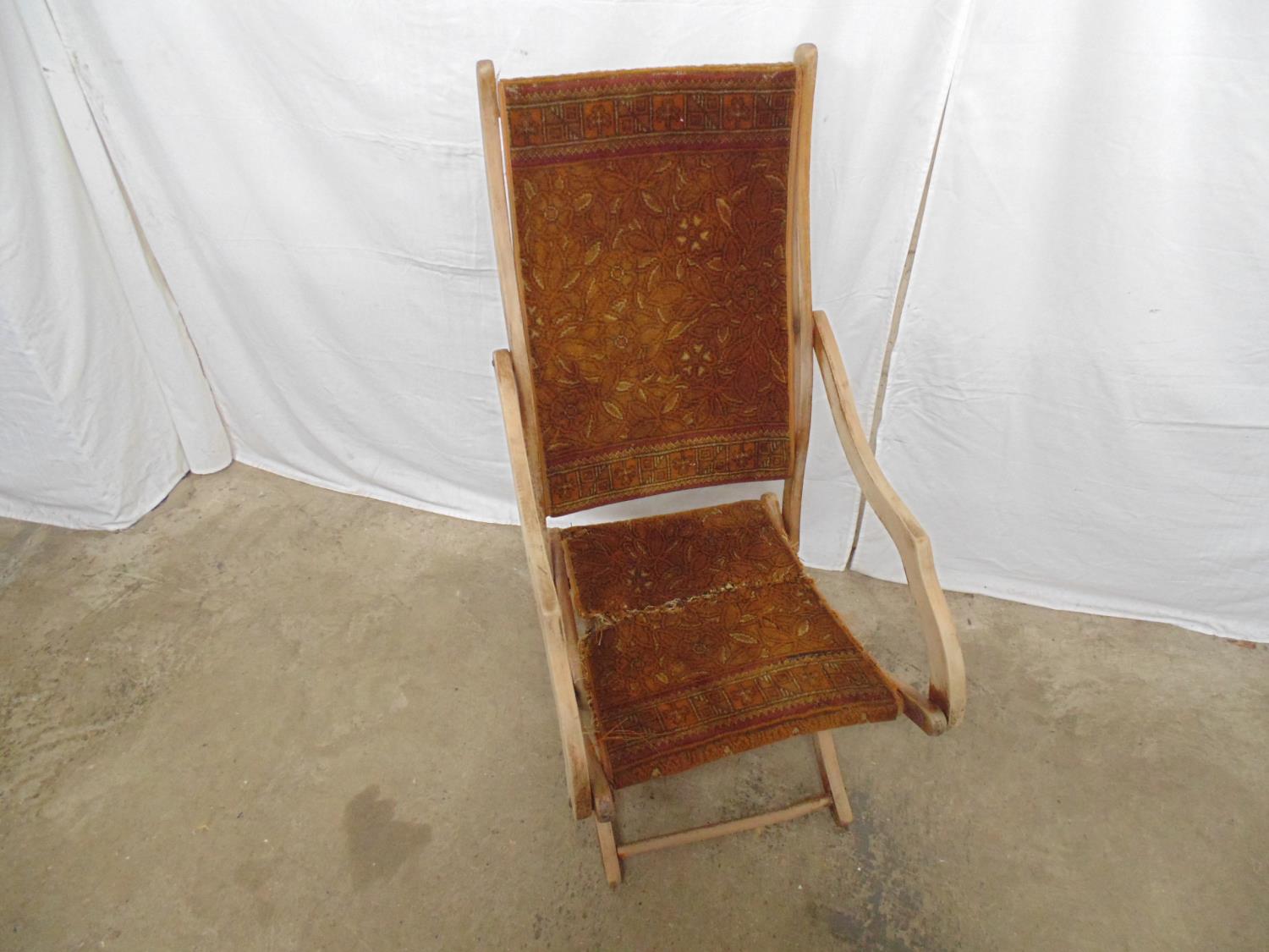 Folding beech campaign chair with floral upholstery - 44cm x 46cm x 98cm tall (upholstery and one