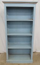 Blue painted hardwood open bookcase having three fixed shelves, standing on a plinth base - 89cm x