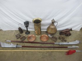 Collection of metalware to include: brass stick stand, copper ewer, three flat irons and two
