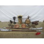 Collection of metalware to include: brass stick stand, copper ewer, three flat irons and two