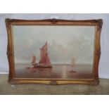 L Alexis oil on canvas of a seascape with ships, signed bottom left - 75cm x 50cm in unglazed gilt