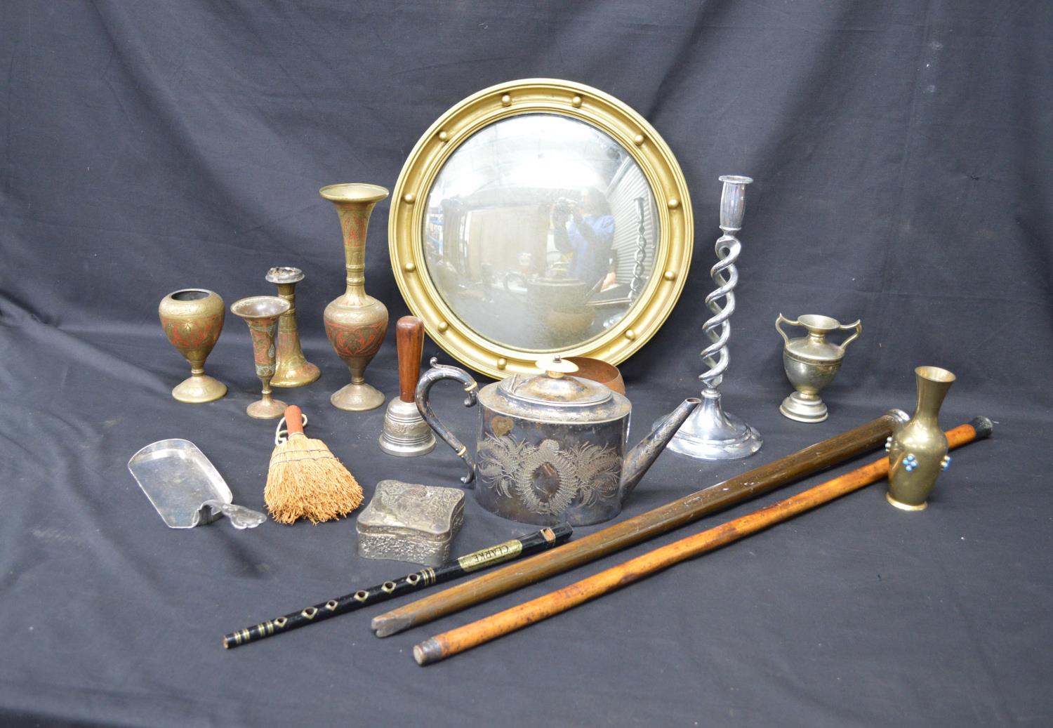 Collection of sundry items to include: white metal top walking cane, convex mirror, quantity of