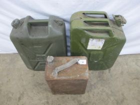 An unrestored Shell petrol can with Shell cap together with metal jerry can and plastic water