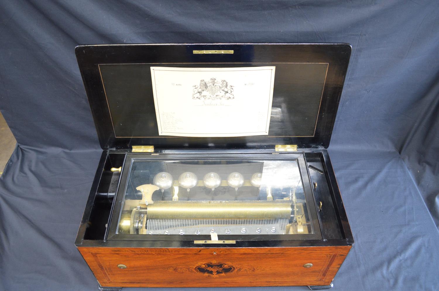 19th century cylinder music box with 38cm brass cylinder and two piece steel comb movement playing - Image 3 of 5