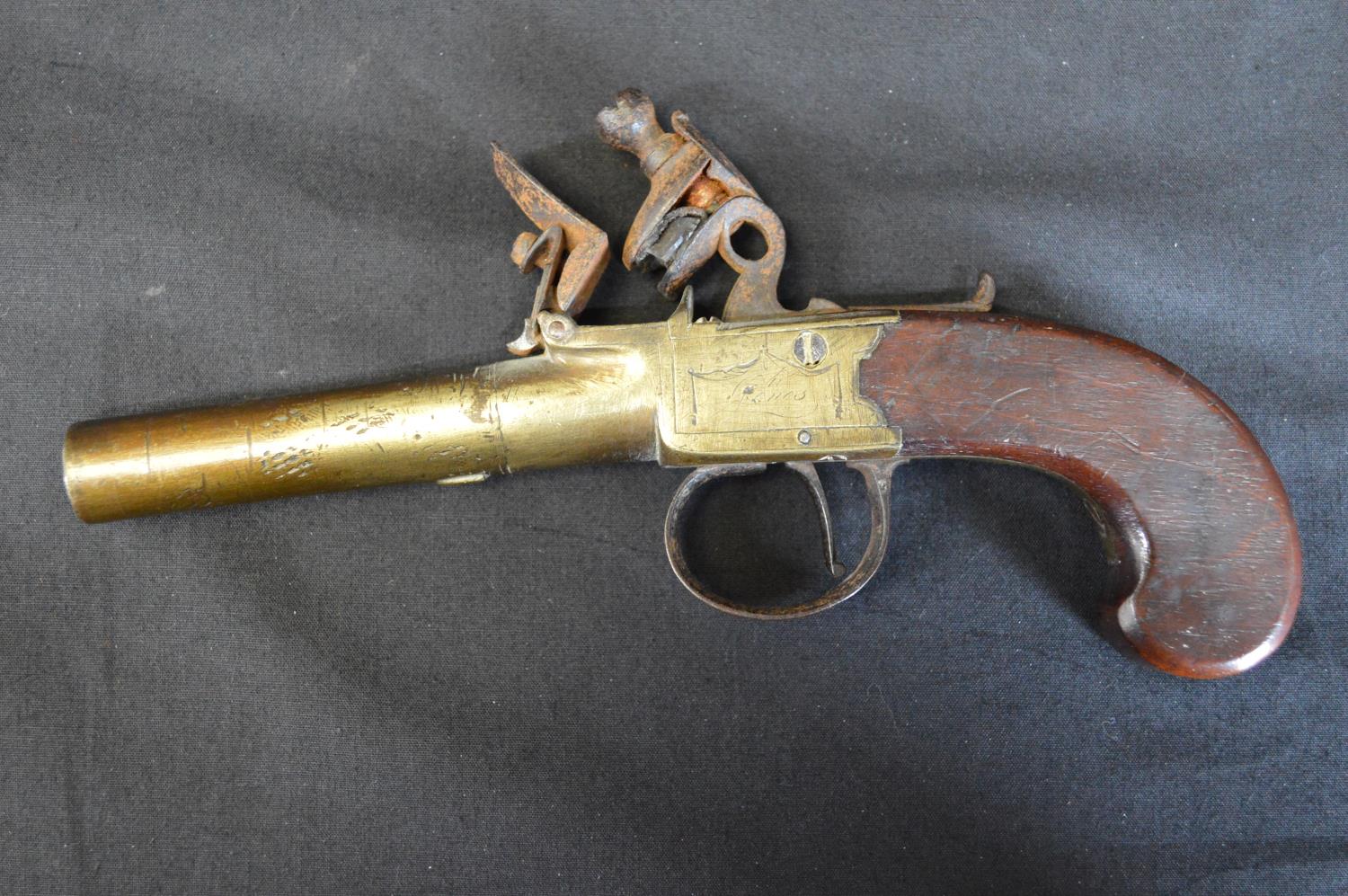 Jones brass flint box lock pistol - 19cm long Please note descriptions are not condition reports,