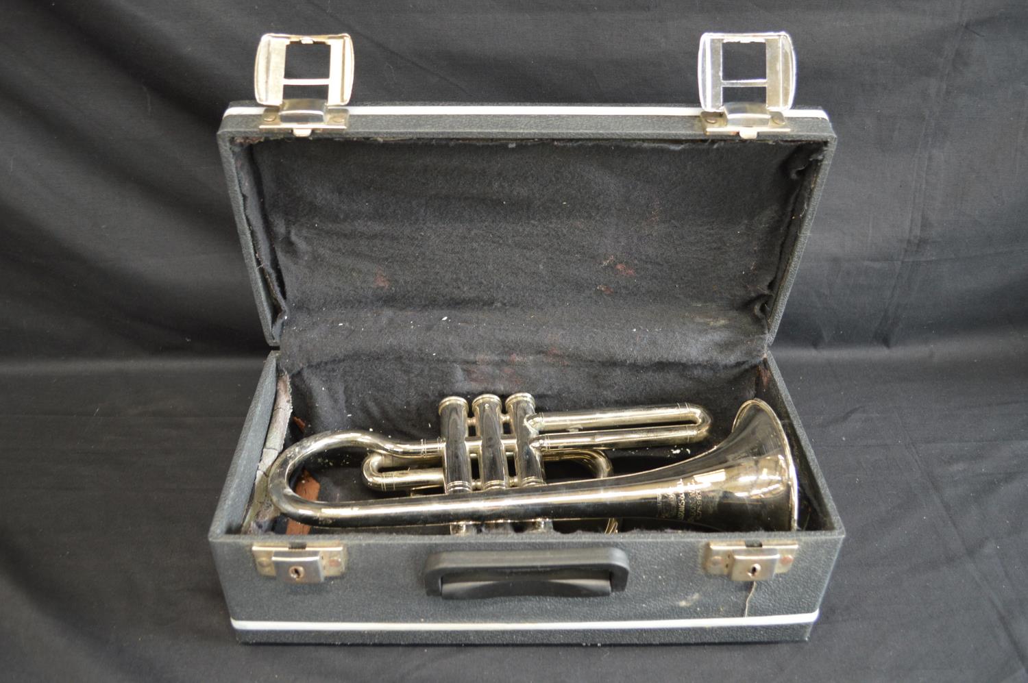 Trademark Boosey, Bessons & Co. London WC H.75983 plated trumpet in black hard case Please note