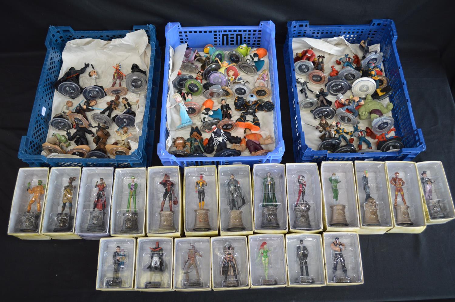 Six boxes containing a quantity of Marvel, DC Comic and Disney figures together with some display