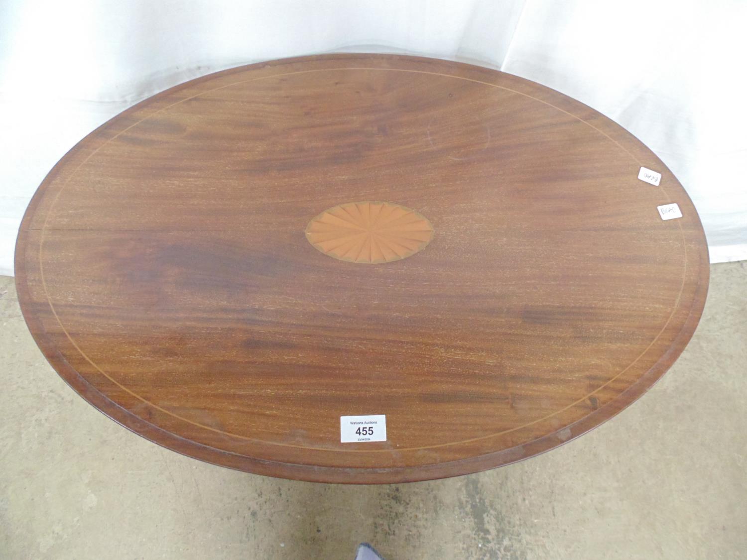 Mahogany inlaid occasional table having central cartouche, standing on inlaid tapering splay legs - Image 2 of 3