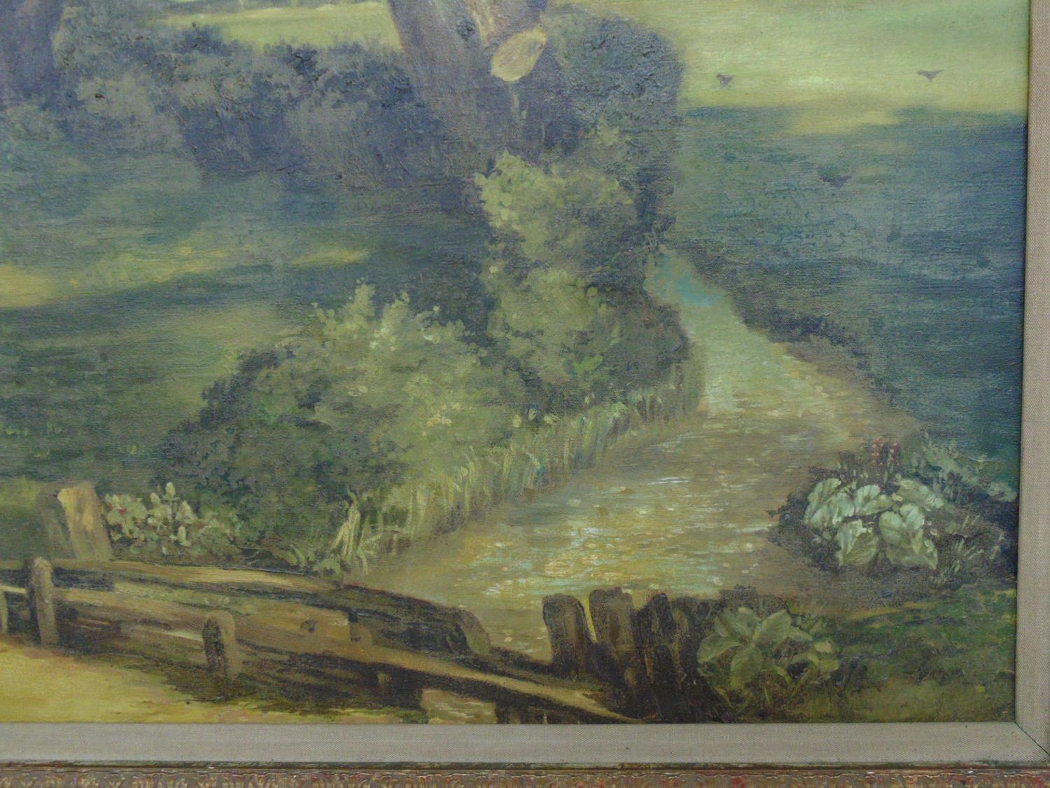 Unsigned oil on canvas of a canal side scene with figures on a towpath - 90cm x 69cm in unglazed - Image 4 of 6