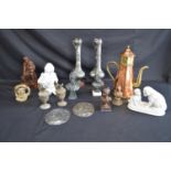 Group of sundry items to comprise: three small metal and one resin busts, brass character jug, two