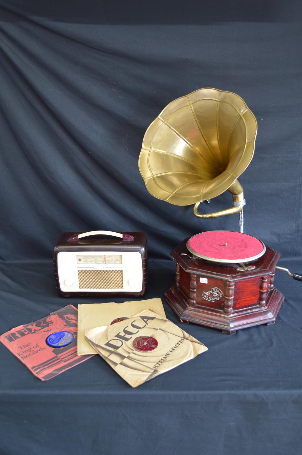 Ultra Bakelite radio with top carrying handle - 30.5cm wide together with a reproduction