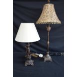 Painted spelter figural table lamp and shade - 52cm tall together with another metal painted lamp