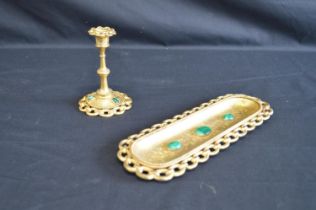 Gilt metal pen tray of oval shape set with three oval Malachite stones surmounted with engraved