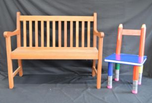 Robert Dyas wooden child's garden bench - 72cm x 38cm x 60cm tall together with a child's chair