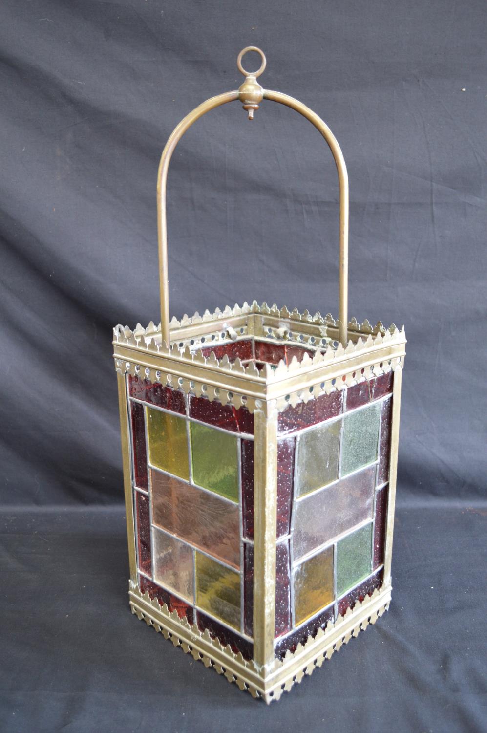 Brass framed lantern shade having four coloured lead light panels - 19.5cm x 19.5cm x 55cm tall