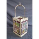 Brass framed lantern shade having four coloured lead light panels - 19.5cm x 19.5cm x 55cm tall