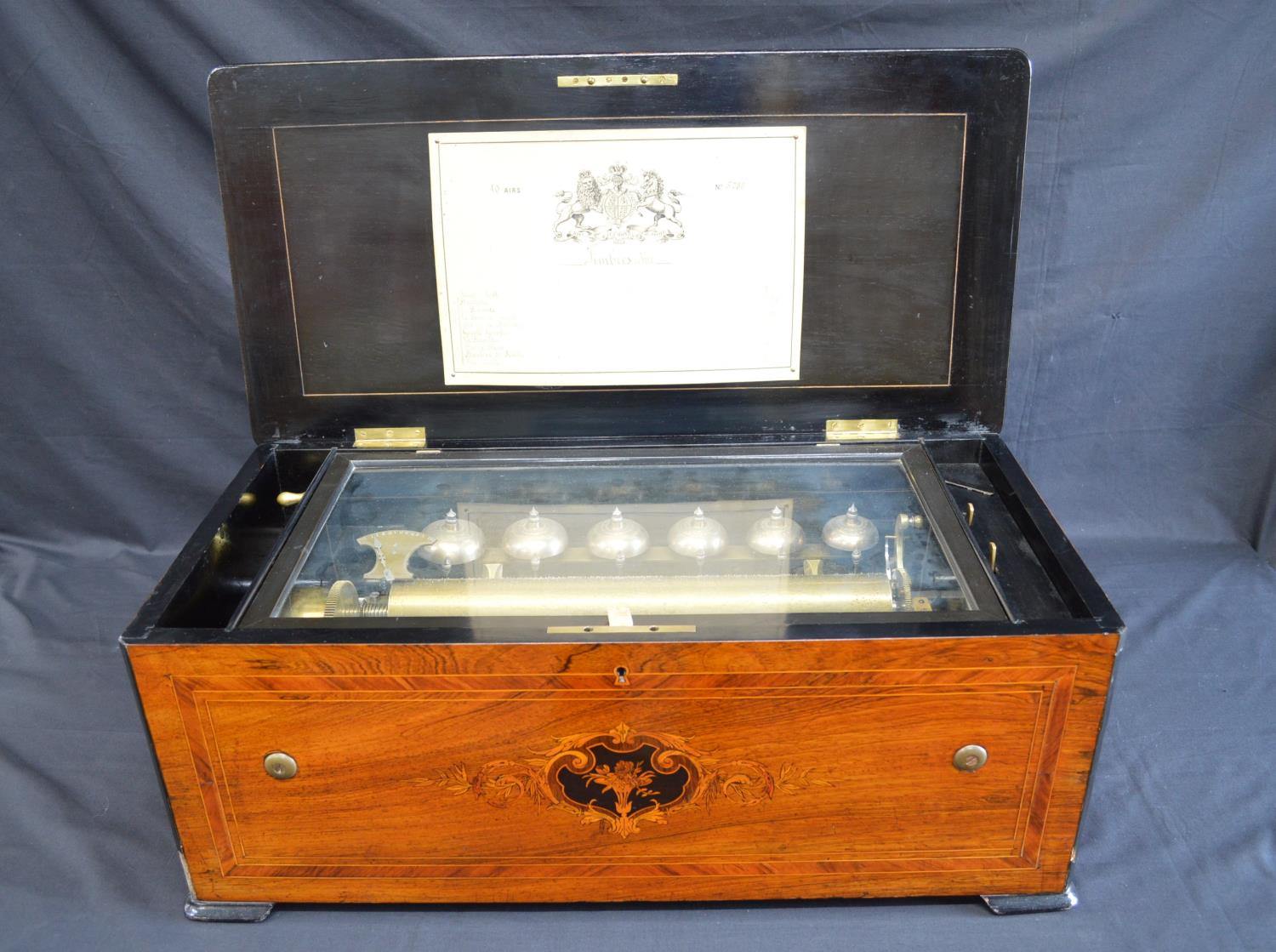 19th century cylinder music box with 38cm brass cylinder and two piece steel comb movement playing