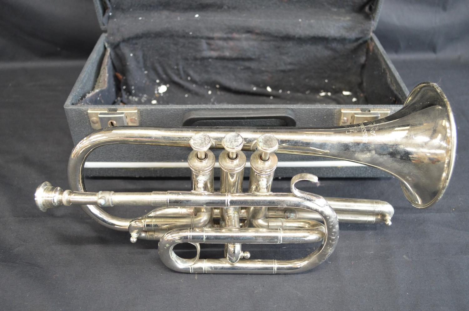 Trademark Boosey, Bessons & Co. London WC H.75983 plated trumpet in black hard case Please note - Image 3 of 4