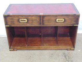 Reproduction mahogany side cabinet with inset gilt tooled leather top over two drawers with military