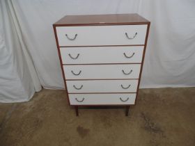 Mid century painted teak chest of five long drawers with metal handles, standing on square splay