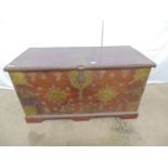 Brass bound hardwood chest with studwork detail and side carrying handles, the lift up top opening