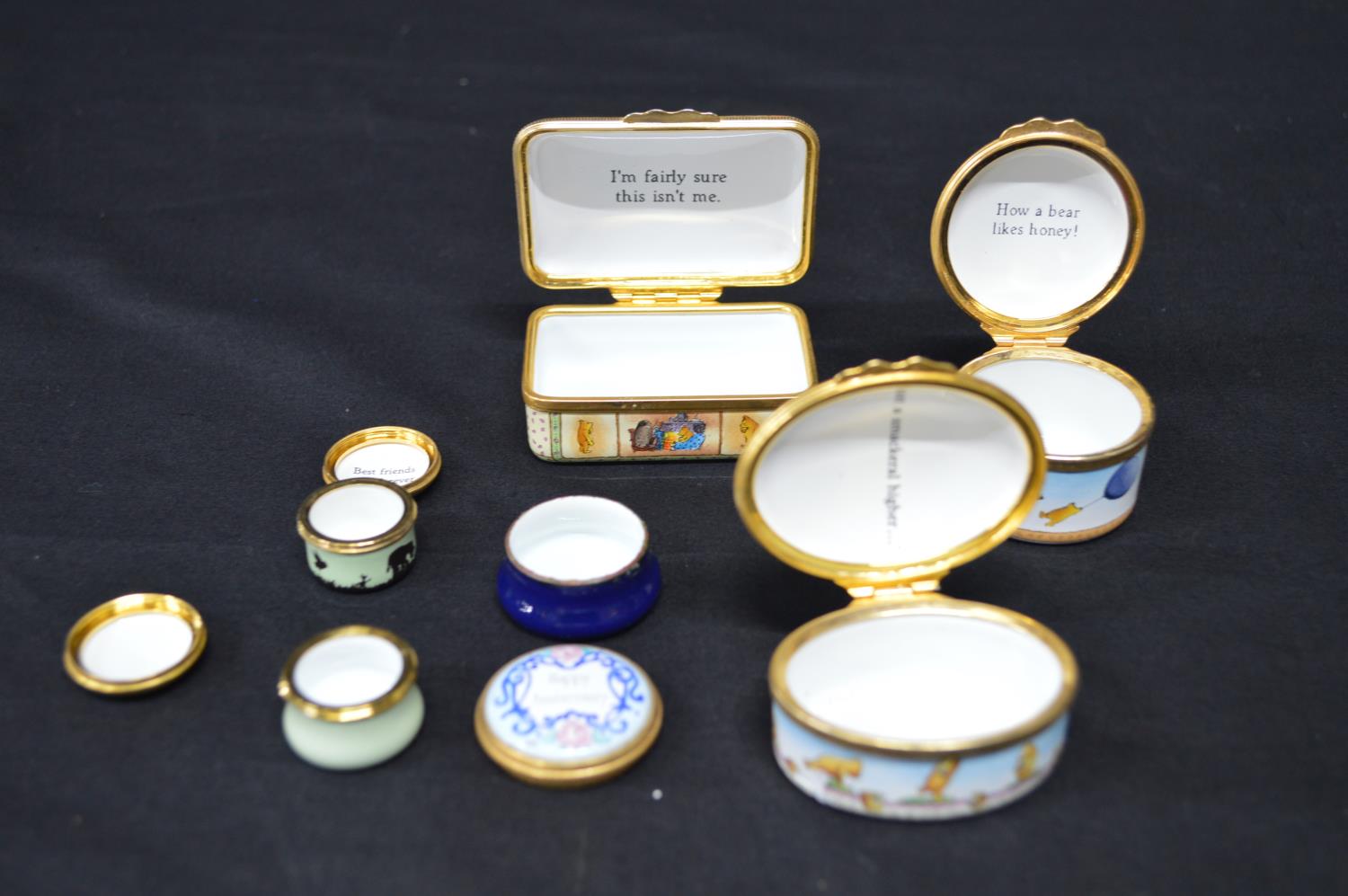 Group of five Halcyon Days enamel trinket boxes (four Winnie the Pooh and floral decorated) together - Image 2 of 3