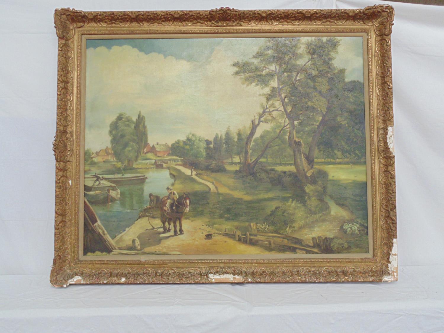 Unsigned oil on canvas of a canal side scene with figures on a towpath - 90cm x 69cm in unglazed