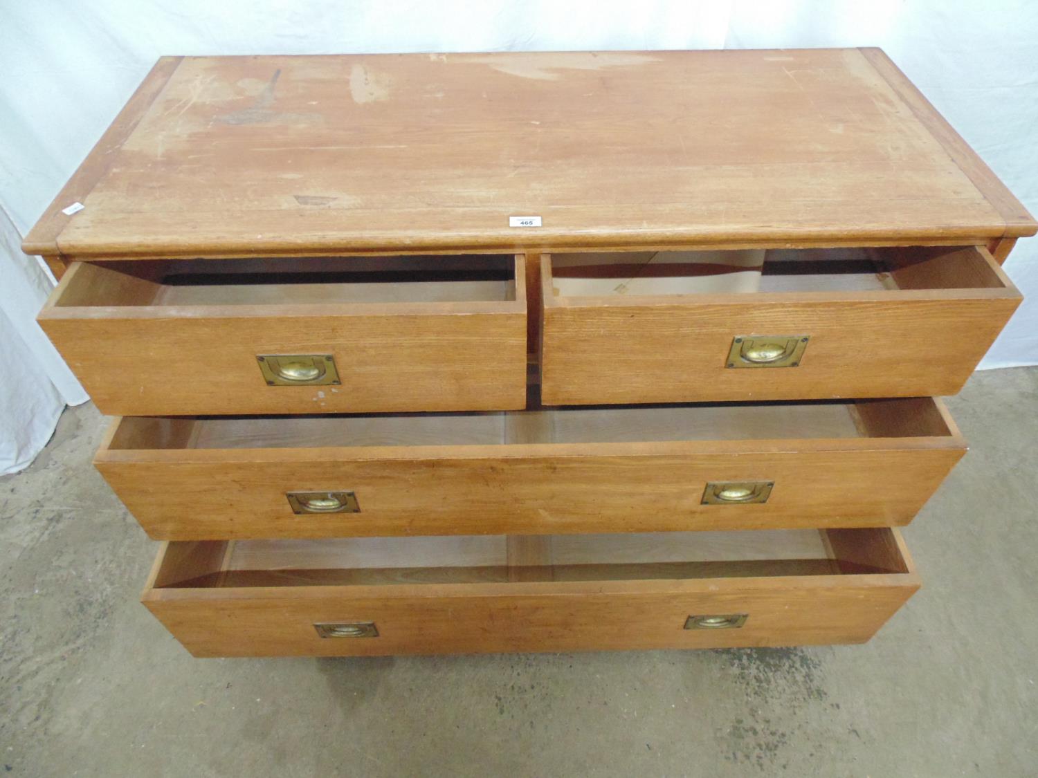 Light oak chest of two short and two long drawers with military style handles, standing on bracket - Image 3 of 6