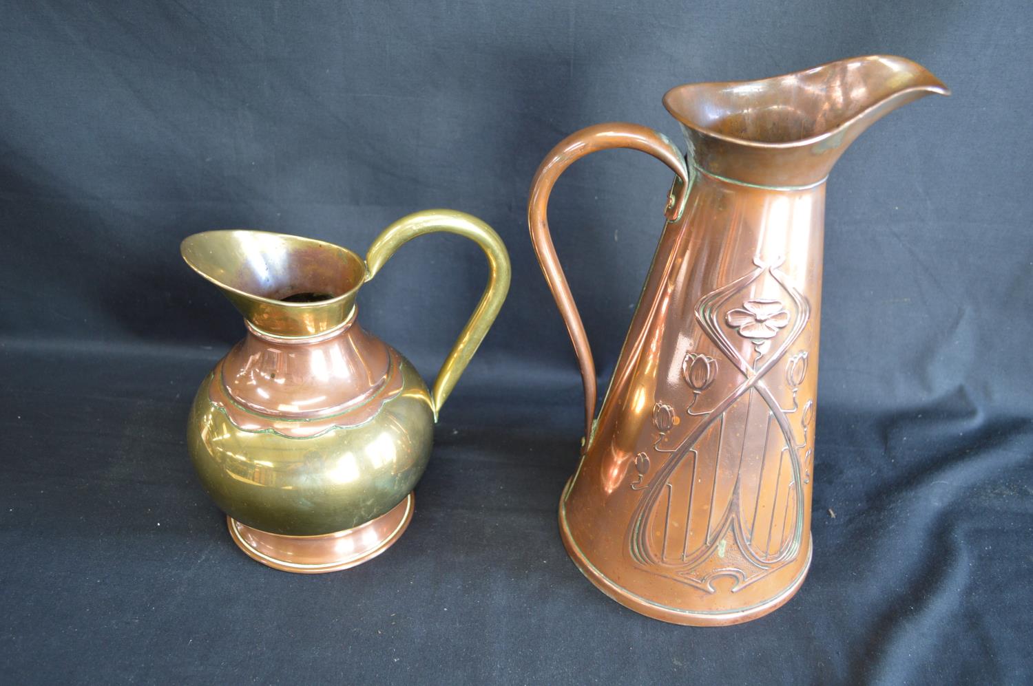 JS & S Art Nouveau copper embossed jug - 29cm tall together with one other smaller brass and - Image 3 of 4