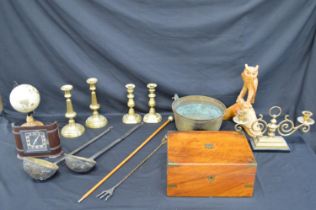 Group of sundry items to include: two pairs of brass candlesticks, desk globe, carved owl and
