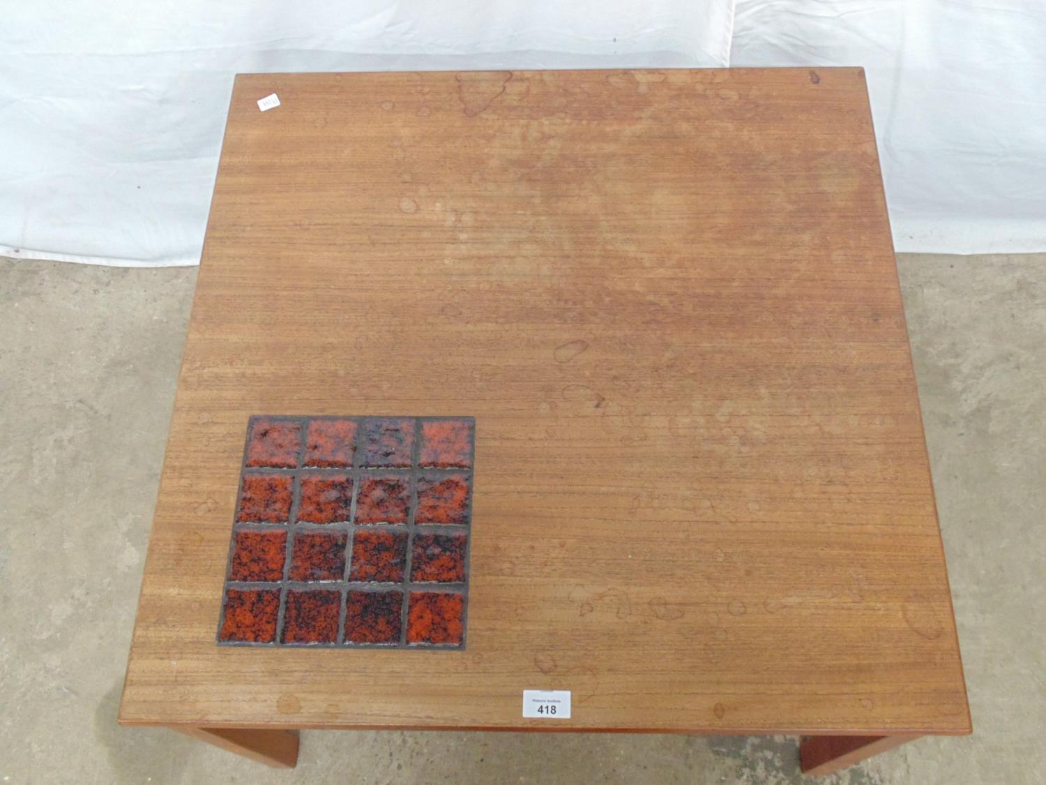 Mid century teak square coffee table having tile insert to one corner, standing on square legs - - Image 2 of 3