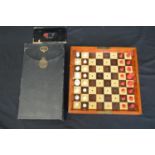 19th/20th century Jaques & Sons Ltd In Statu Quo mahogany cased bone travelling chess set complete