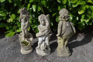Two small garden statues of young ladies - approx 62cm tall together with a cherub water fountain