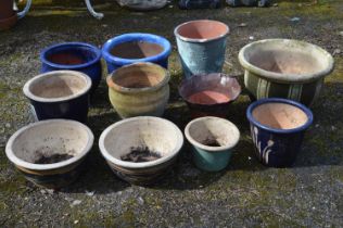 Group of various glazed planters - largest 24cm dia x 31cm tall Please note descriptions are not