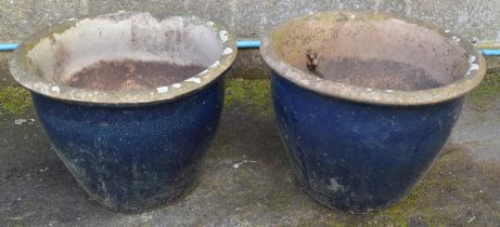 Pair of blue glazed plant pots - 47cm dia x 36cm tall Please note descriptions are not condition