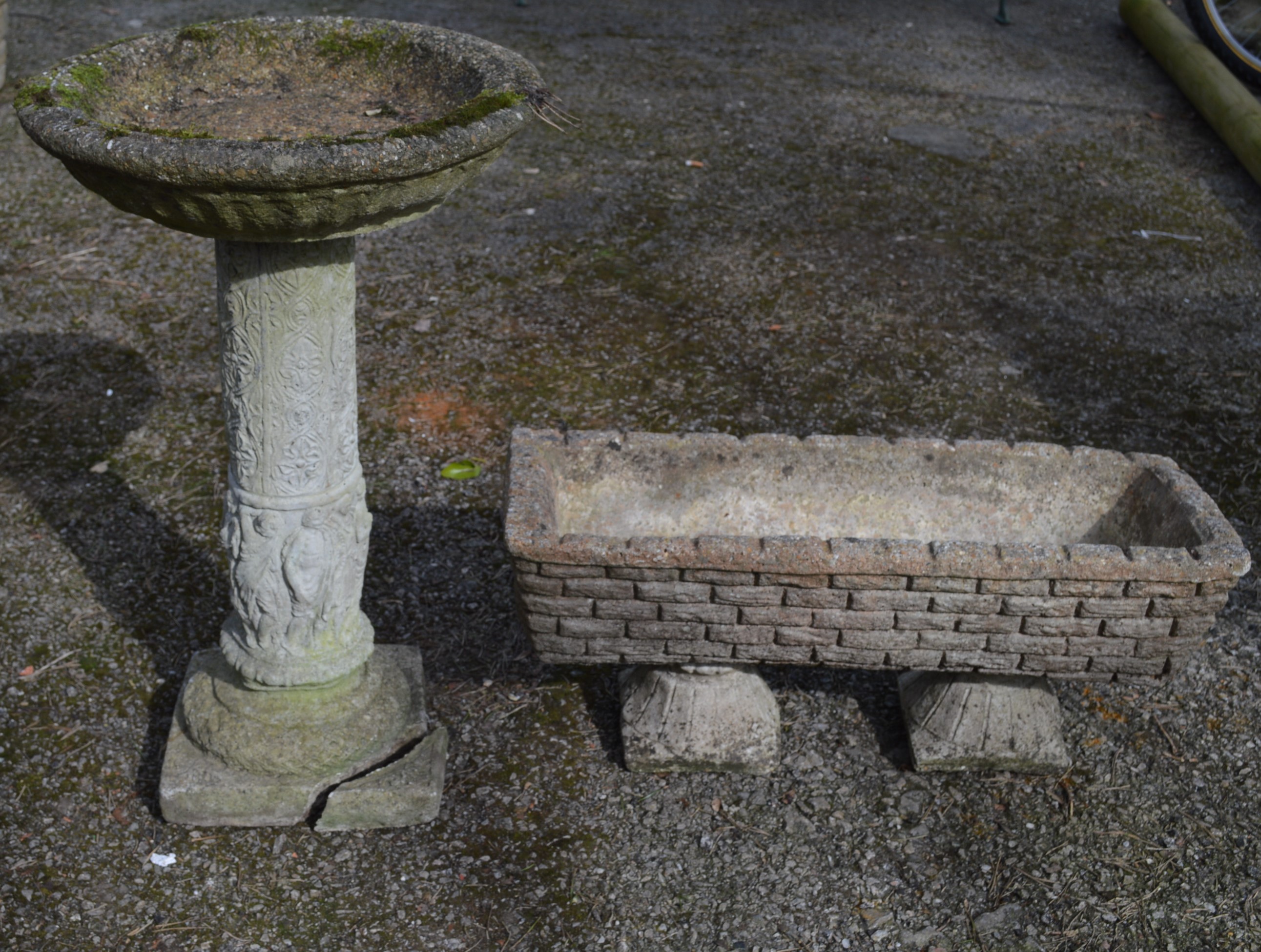 Roman style column birdbath with circular top - 42cm x 67cm tall together with a trough planter on