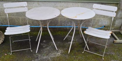 Two circular metal bistro tables - 60cm x 73cm tall together with two folding chairs Please note