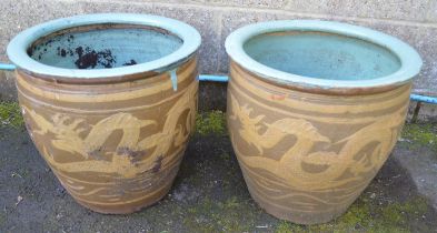 Pair of Oriental style glazed planters - 44cm x 42cm tall Please note descriptions are not condition