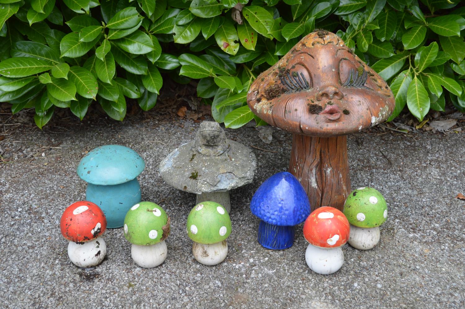 Group of eight toad stool and mushroom garden ornaments - tallest 33cm x 48cm tall Please note