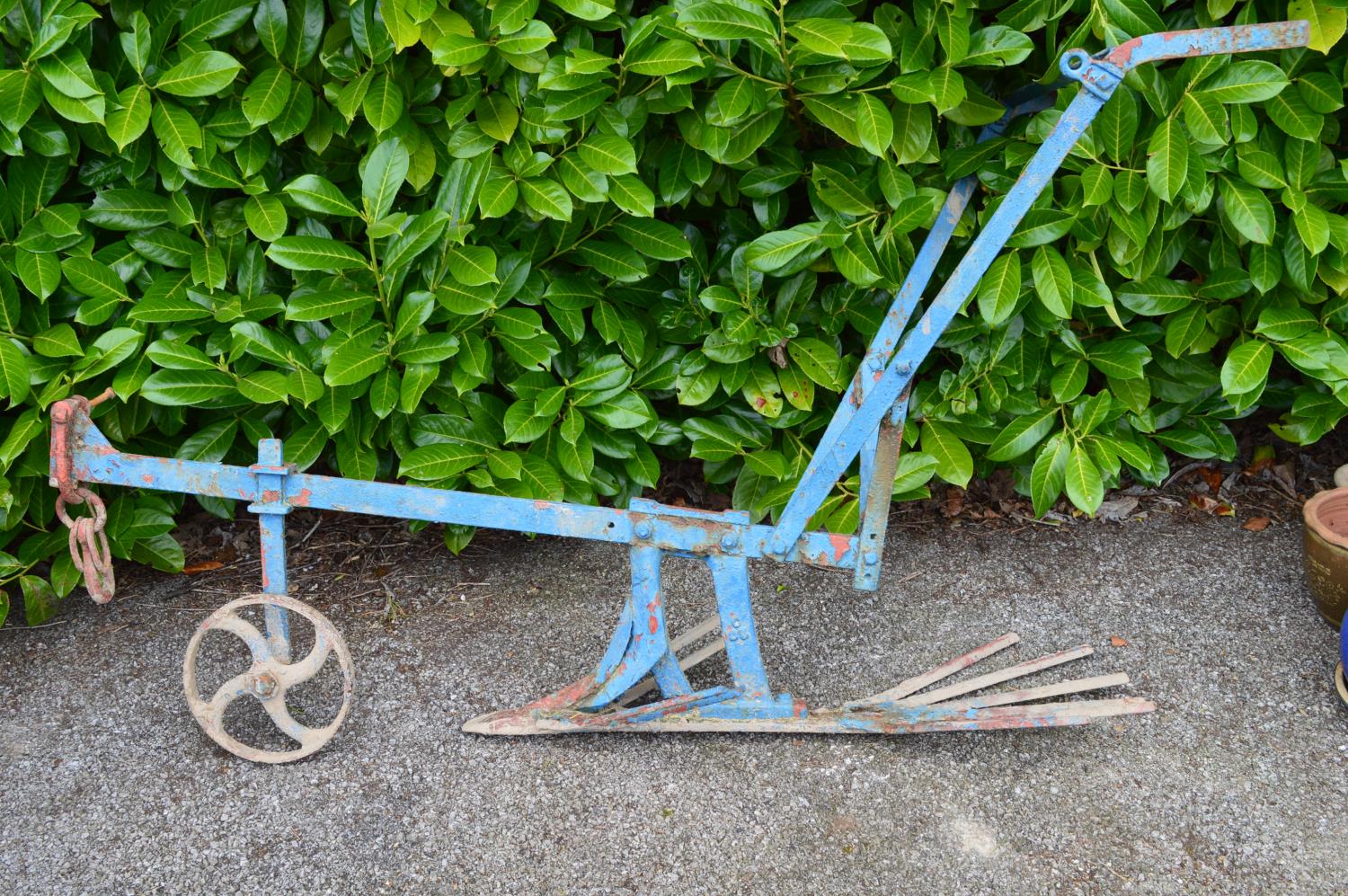 Blue painted horse drawn plough - 58cm wide x 160cm long Please note descriptions are not