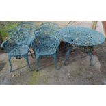 Green painted metal garden table - 106cm x 70cm tall together with four matching elbow chairs Please