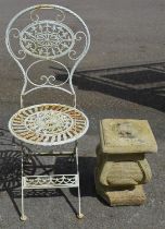 Folding metal garden chair together with a small square plinth Please note descriptions are not